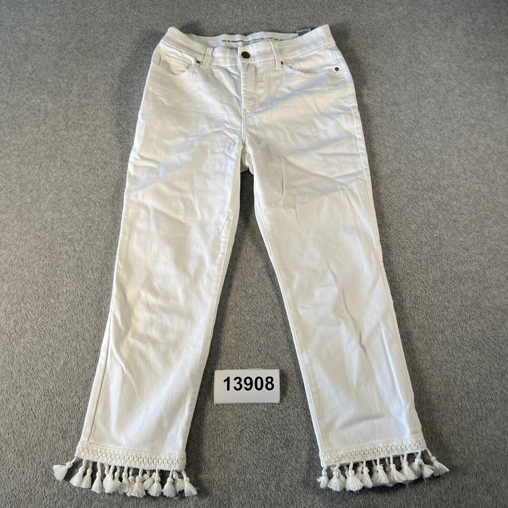 Chico's Slimming Girlfriend Slim Leg Crop Jeans Women 2 White Cotton Tassels Hem